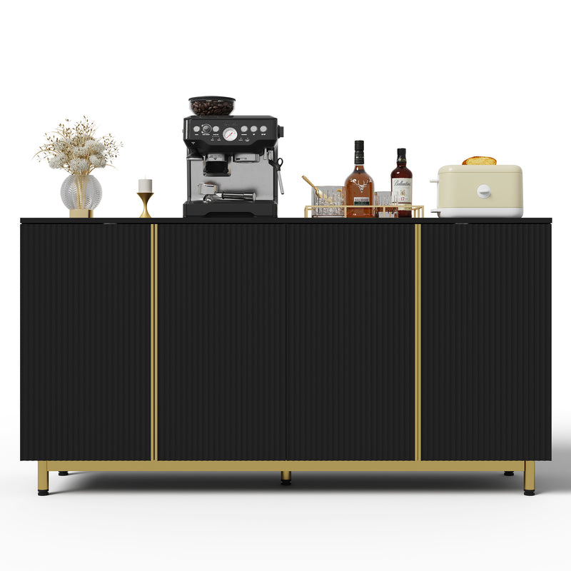Buffet moderne noir 4 portes texturés et accents dorés ARNOIH