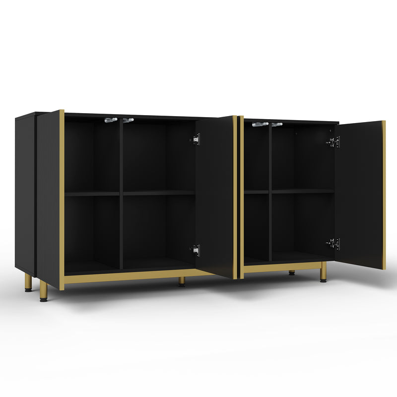 Buffet moderne noir 4 portes texturés et accents dorés ARNOIH