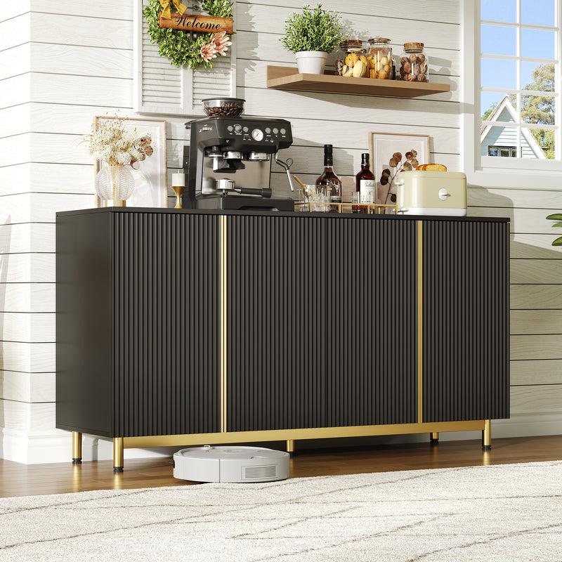 Buffet moderne noir 4 portes texturés et accents dorés ARNOIH