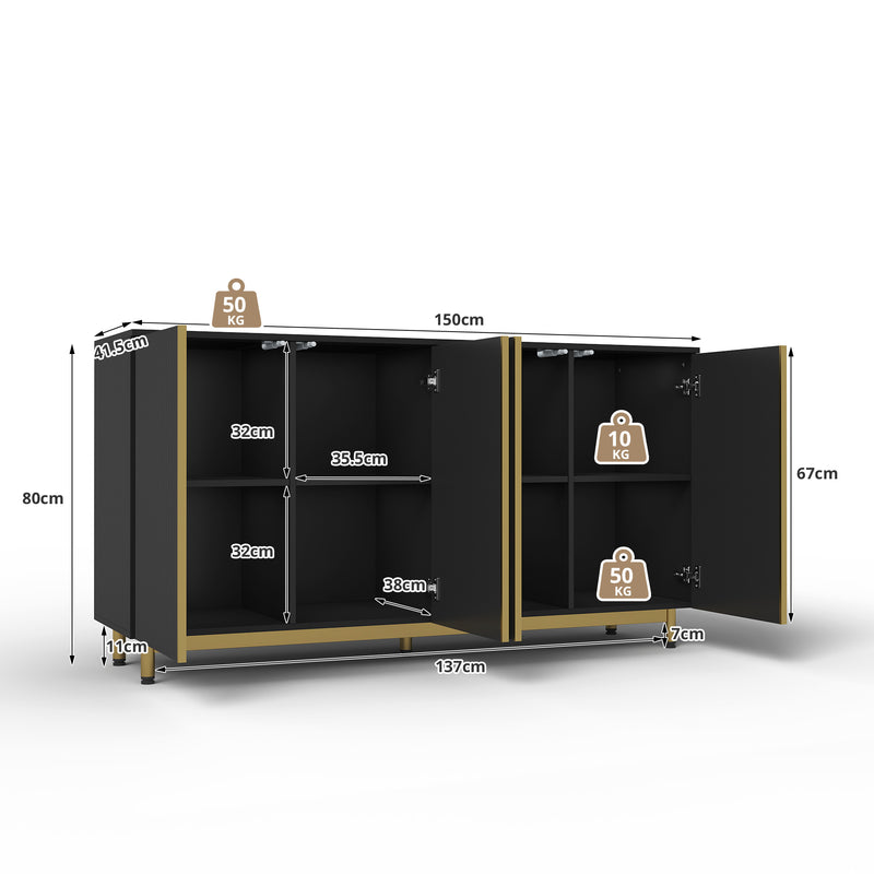 Buffet moderne noir 4 portes texturés et accents dorés ARNOIH