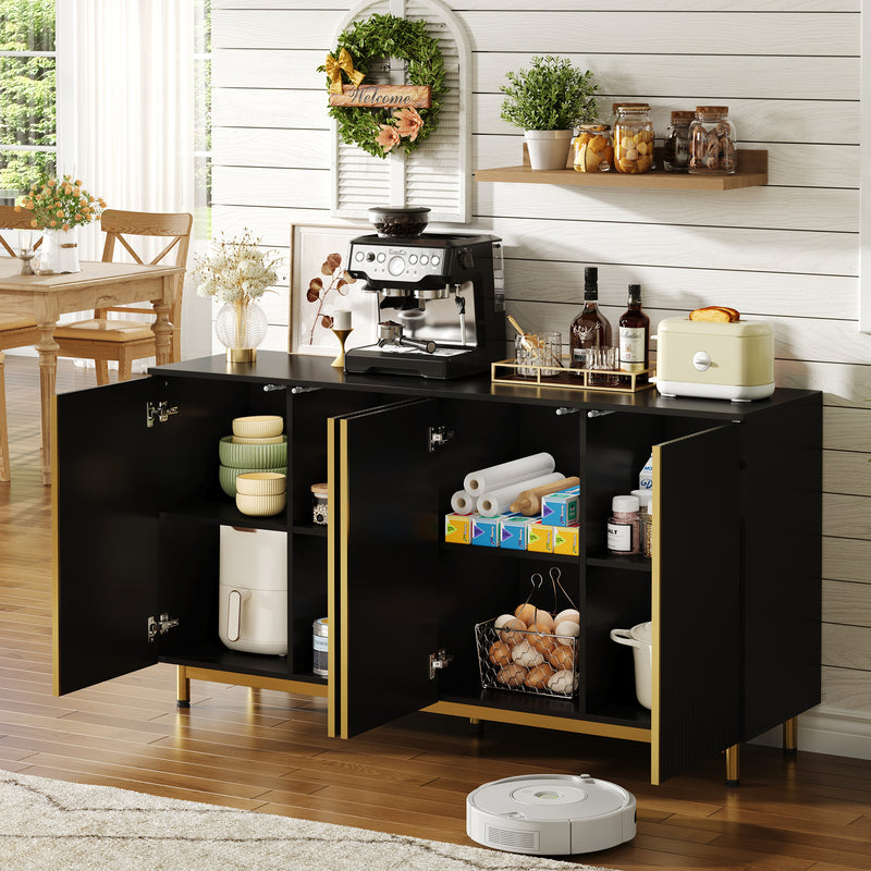 Buffet moderne noir 4 portes texturés et accents dorés ARNOIH