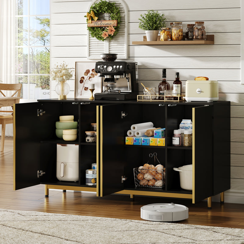 Buffet moderne noir 4 portes texturés et accents dorés ARNOIH