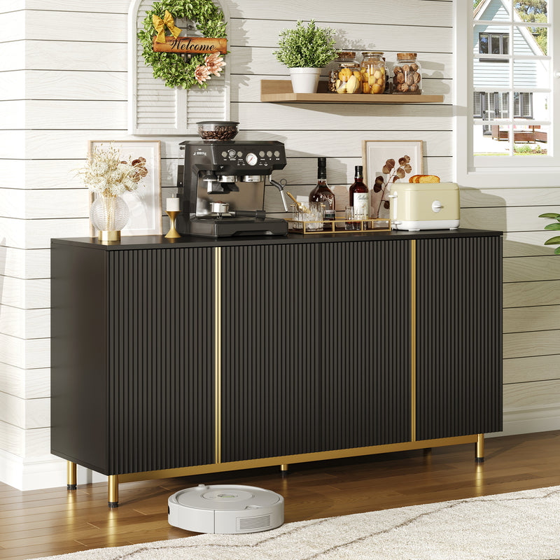 Buffet moderne noir 4 portes texturés et accents dorés ARNOIH