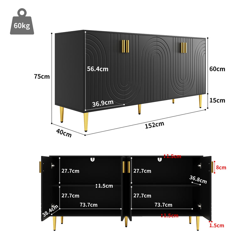 Buffet noir portes à motif ondulé 4 portes, poignées et pieds dorées rangement polyvalent ARTESIANSEEP