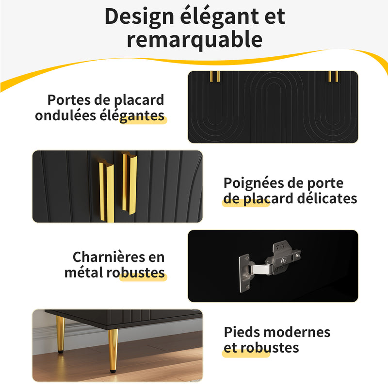 Buffet noir portes à motif ondulé 4 portes, poignées et pieds dorées rangement polyvalent ARTESIANSEEP