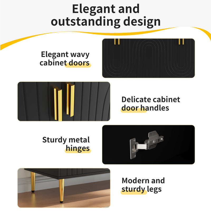 Buffet noir portes à motif ondulé 4 portes, poignées et pieds dorées rangement polyvalent ARTESIANSEEP