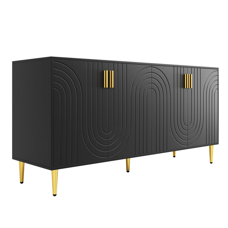 Buffet noir portes à motif ondulé 4 portes, poignées et pieds dorées rangement polyvalent ARTESIANSEEP