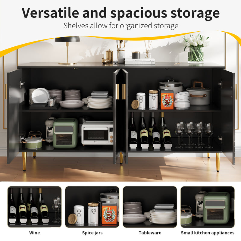 Buffet noir portes à motif ondulé 4 portes, poignées et pieds dorées rangement polyvalent ARTESIANSEEP