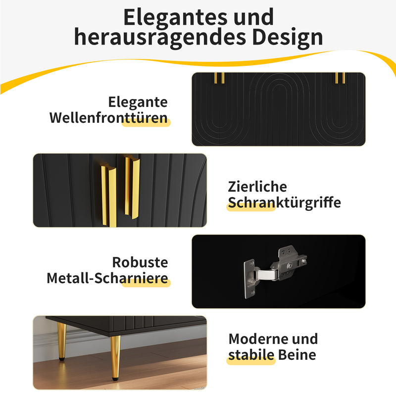 Buffet noir portes à motif ondulé 4 portes, poignées et pieds dorées rangement polyvalent ARTESIANSEEP