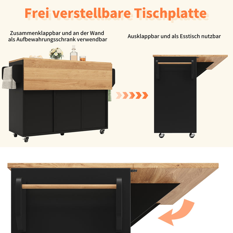 Îlot de cuisine roulante plateau pliable noir et effet bois BAGANS