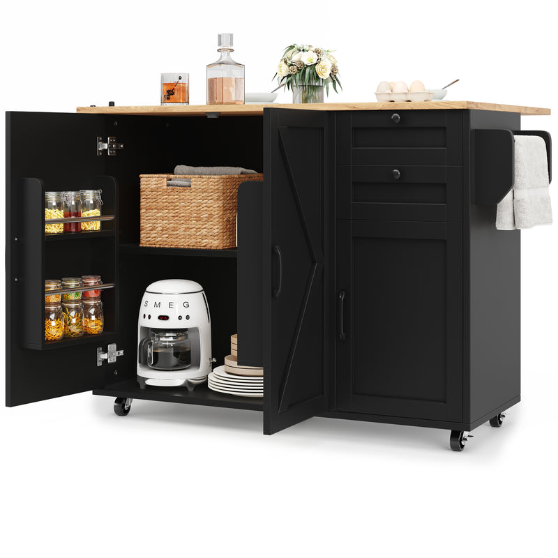 Îlot de cuisine roulante plateau pliable noir et effet bois BAGANS