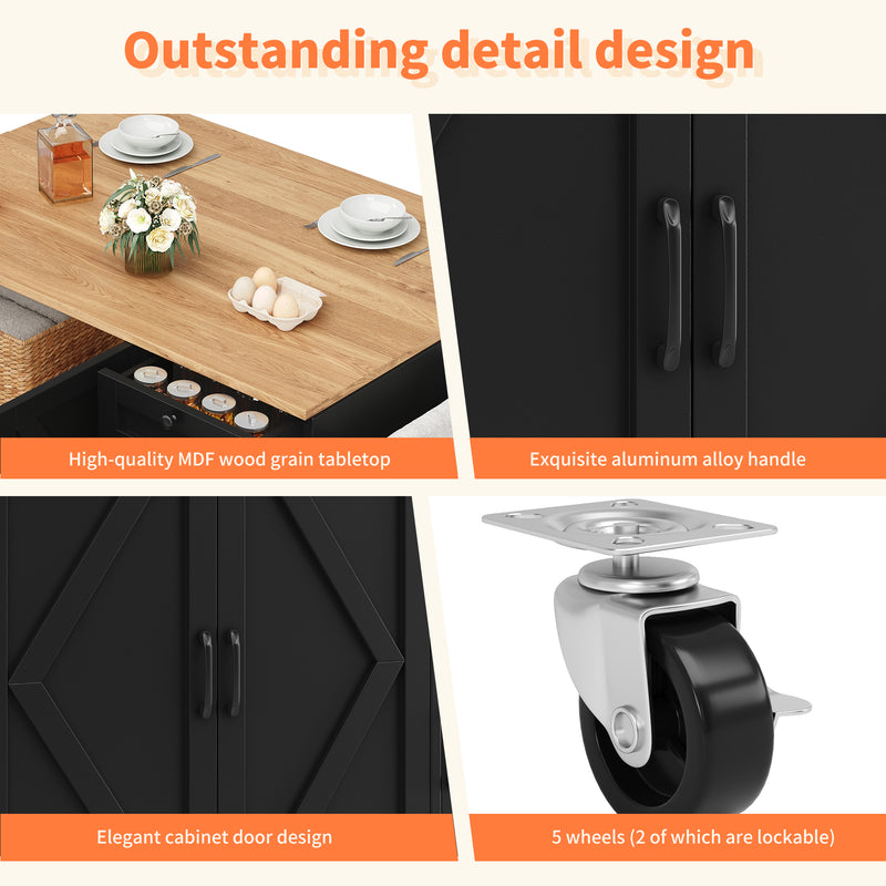 Îlot de cuisine roulante plateau pliable noir et effet bois BAGANS