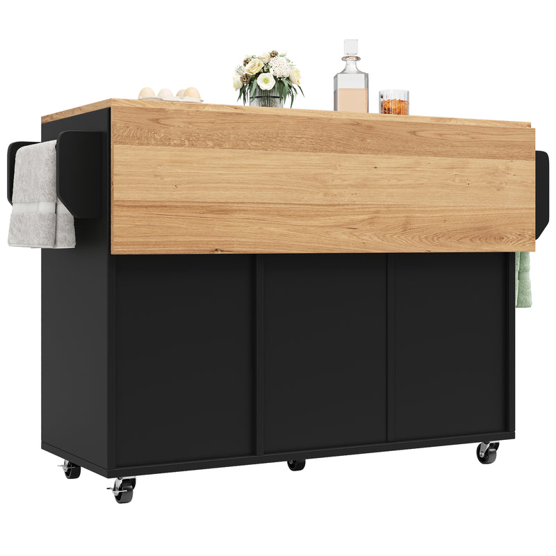 Îlot de cuisine roulante plateau pliable noir et effet bois BAGANS