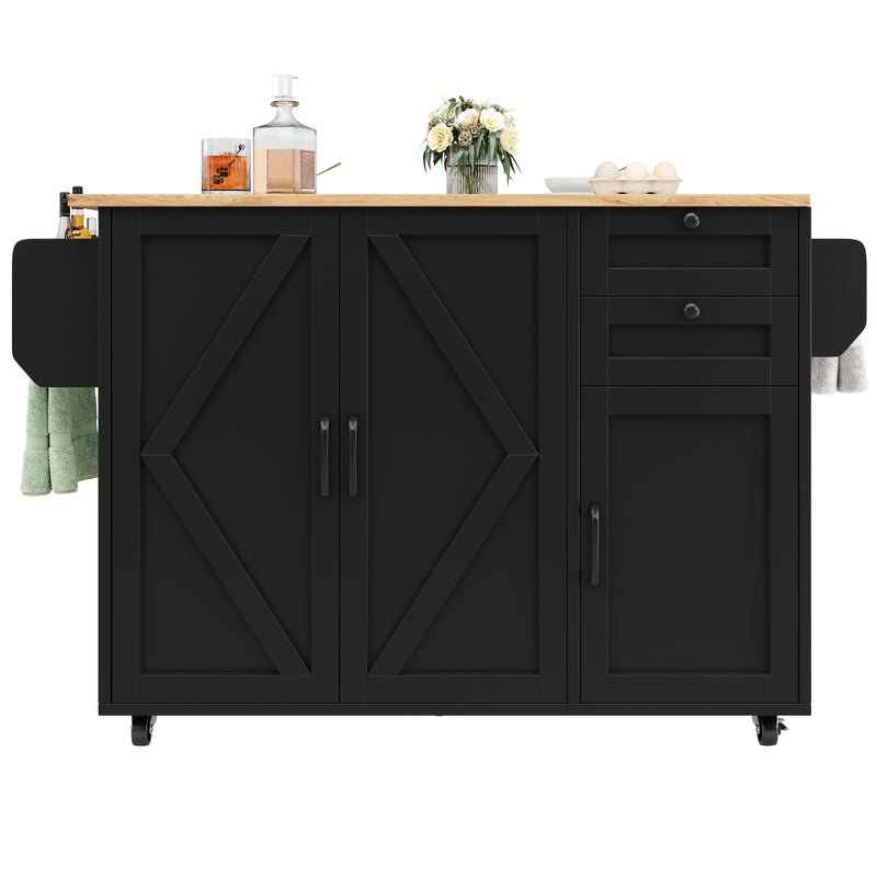 Îlot de cuisine roulante plateau pliable noir et effet bois BAGANS