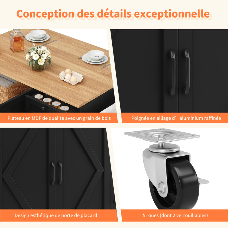 Îlot de cuisine roulante plateau pliable noir et effet bois BAGANS