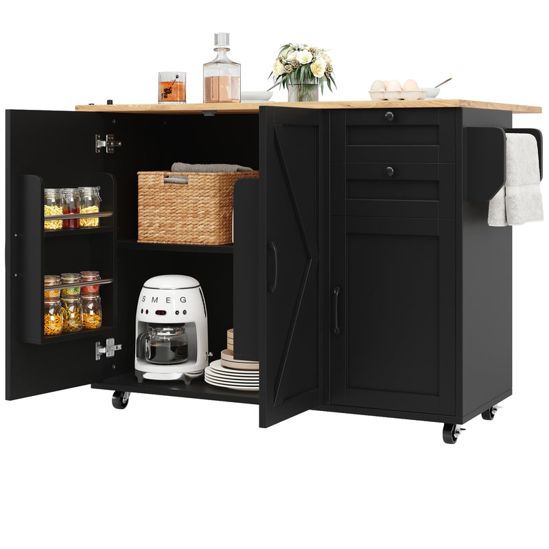 Îlot de cuisine roulante plateau pliable noir et effet bois BAGANS