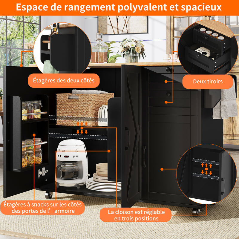 Îlot de cuisine roulante plateau pliable noir et effet bois BAGANS