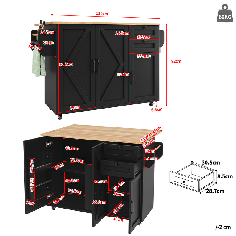 Îlot de cuisine roulante plateau pliable noir et effet bois BAGANS