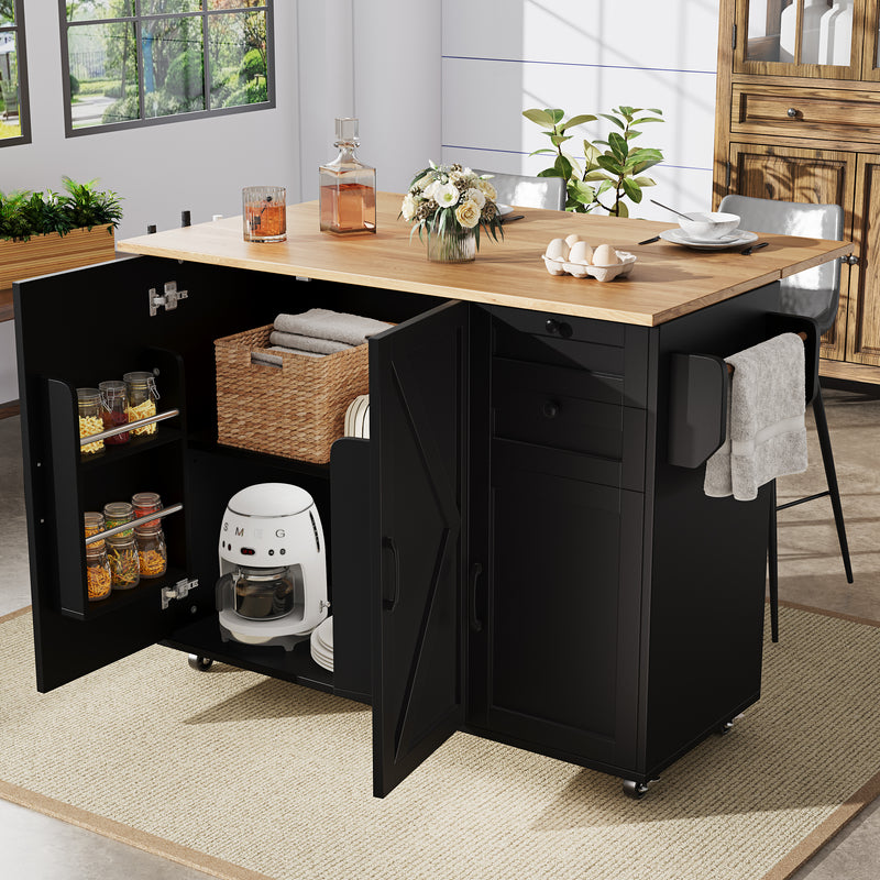 Îlot de cuisine roulante plateau pliable noir et effet bois BAGANS