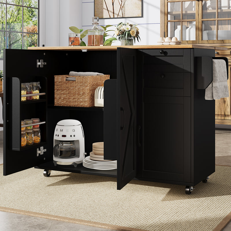 Îlot de cuisine roulante plateau pliable noir et effet bois BAGANS