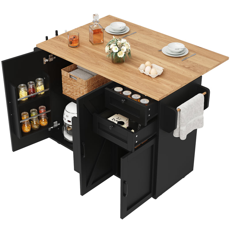 Îlot de cuisine roulante plateau pliable noir et effet bois BAGANS