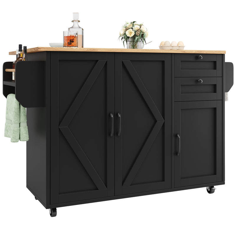 Îlot de cuisine roulante plateau pliable noir et effet bois BAGANS