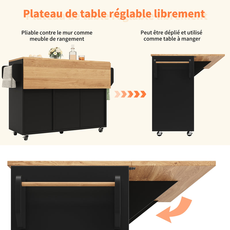 Îlot de cuisine roulante plateau pliable noir et effet bois BAGANS
