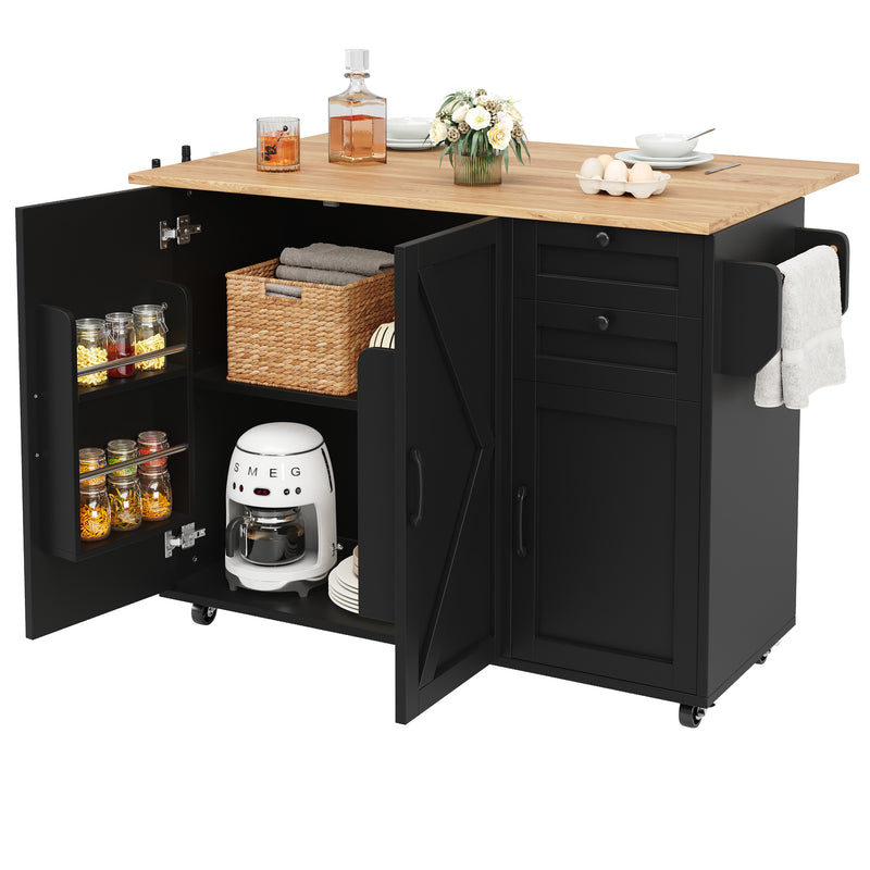 Îlot de cuisine roulante plateau pliable noir et effet bois BAGANS