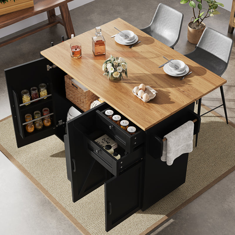 Îlot de cuisine roulante plateau pliable noir et effet bois BAGANS