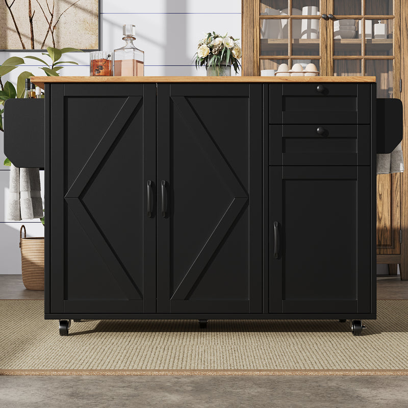 Îlot de cuisine roulante plateau pliable noir et effet bois BAGANS