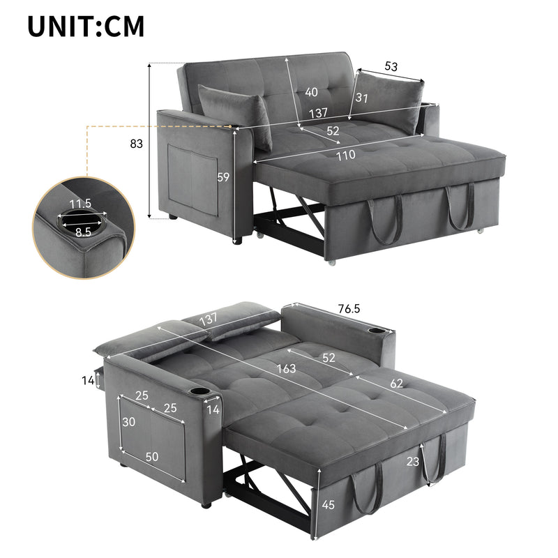 Canapé convertible 2 places en velours gris dossier inclinable (3 positions) BAMAH