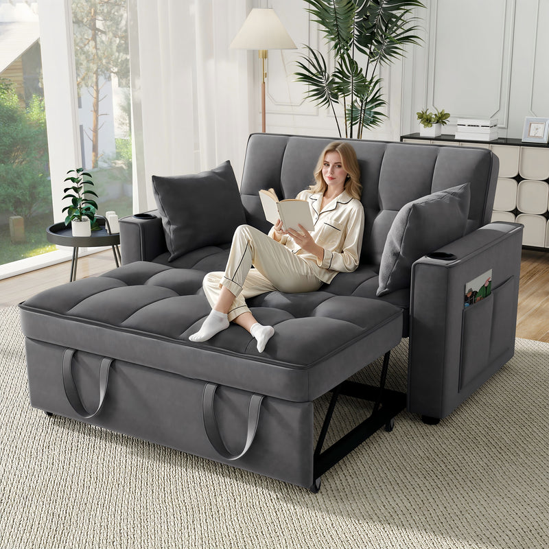 Canapé convertible 2 places en velours gris dossier inclinable (3 positions) BAMAH