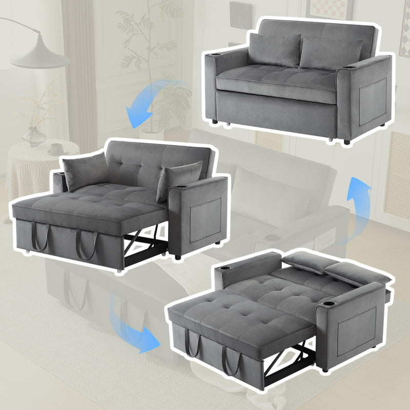 Canapé convertible 2 places en velours gris dossier inclinable (3 positions) BAMAH