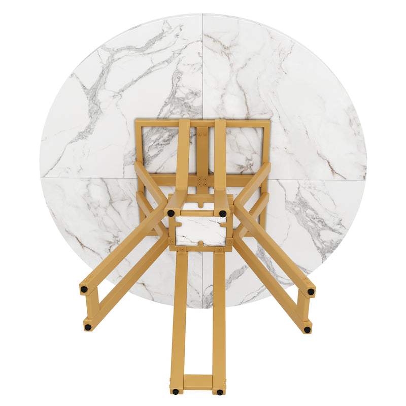 Table à manger ronde effet blanc marbre et piétement métallique doré 100x100cm BARBULE