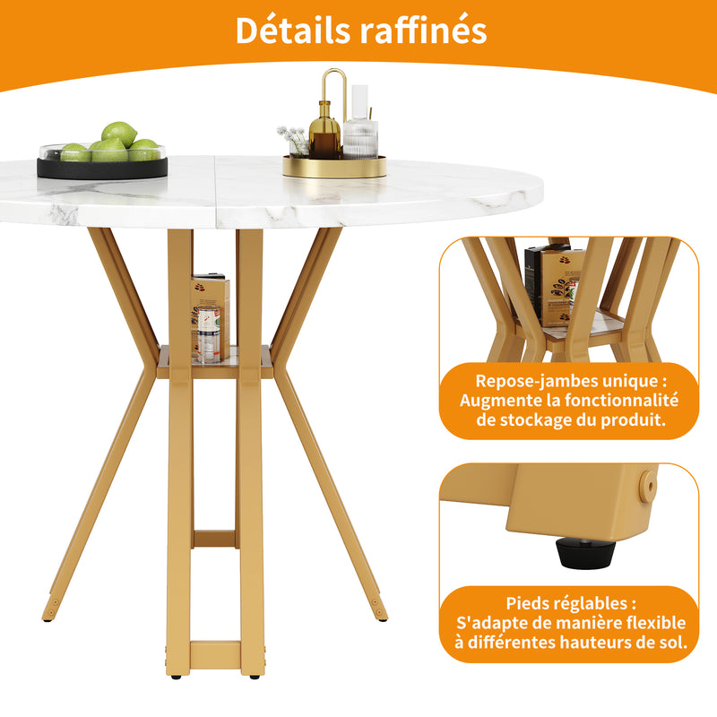 Table à manger ronde effet blanc marbre et piétement métallique doré 100x100cm BARBULE