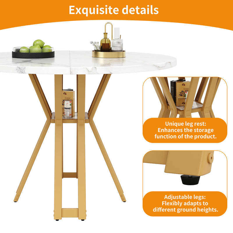 Table à manger ronde effet blanc marbre et piétement métallique doré 100x100cm BARBULE