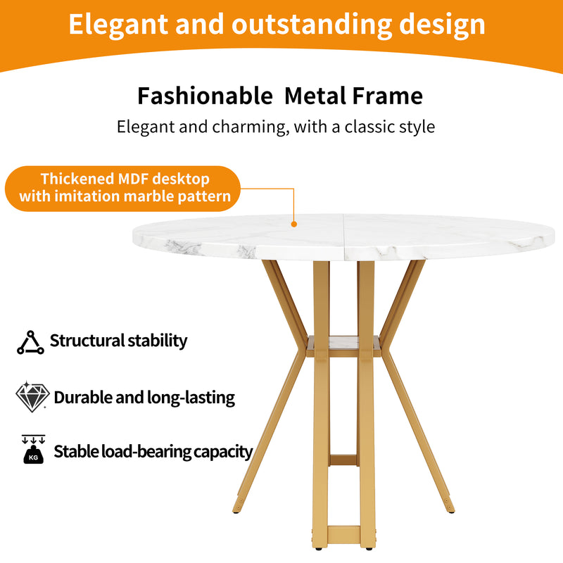 Table à manger ronde effet blanc marbre et piétement métallique doré 100x100cm BARBULE
