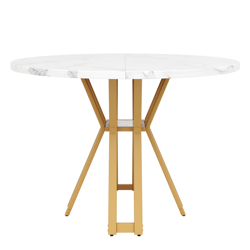 Table à manger ronde effet blanc marbre et piétement métallique doré 100x100cm BARBULE