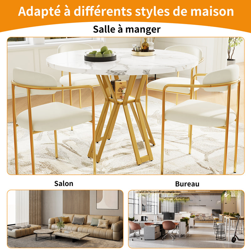 Table à manger ronde effet blanc marbre et piétement métallique doré 100x100cm BARBULE