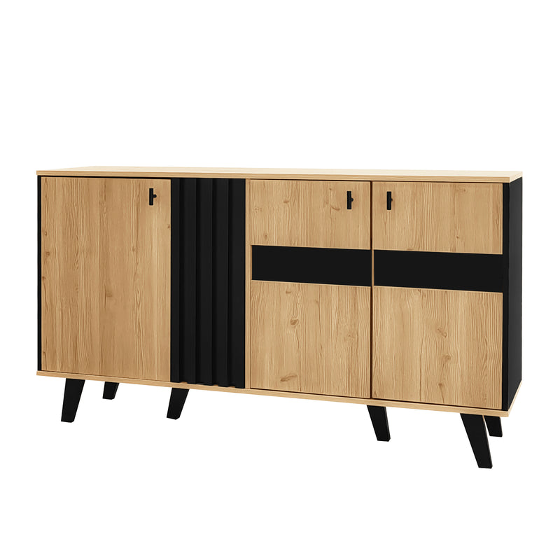 Buffet armoire en bois et noir verre teinté avec éclairage LED 140x78.5x41cm BHETTER