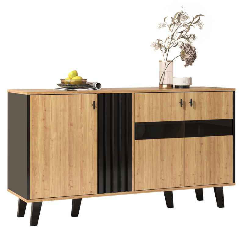 Buffet armoire en bois et noir verre teinté avec éclairage LED 140x78.5x41cm BHETTER