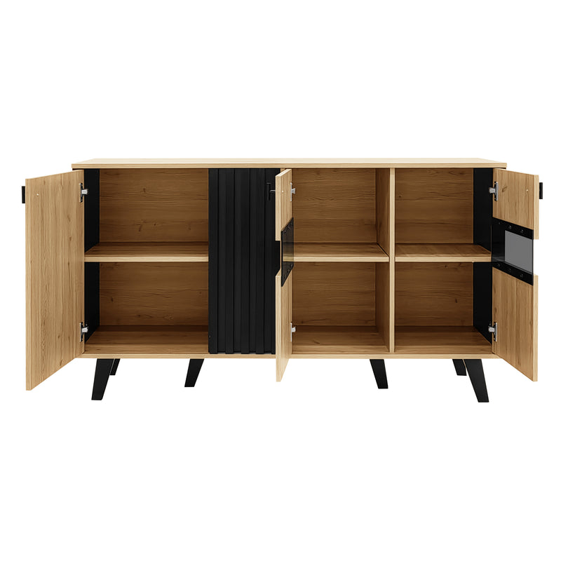 Buffet armoire en bois et noir verre teinté avec éclairage LED 140x78.5x41cm BHETTER