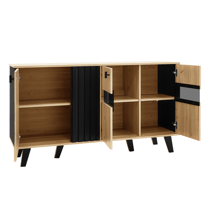 Buffet armoire en bois et noir verre teinté avec éclairage LED 140x78.5x41cm BHETTER