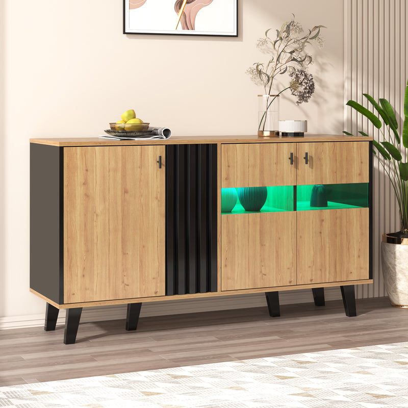 Buffet armoire en bois et noir verre teinté avec éclairage LED 140x78.5x41cm BHETTER