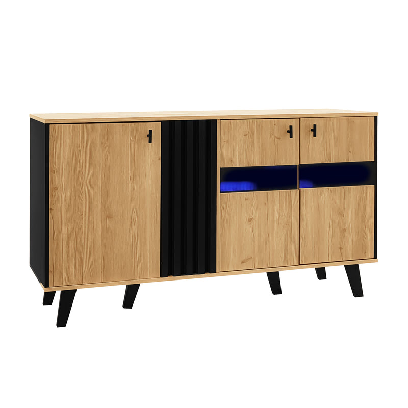 Buffet armoire en bois et noir verre teinté avec éclairage LED 140x78.5x41cm BHETTER