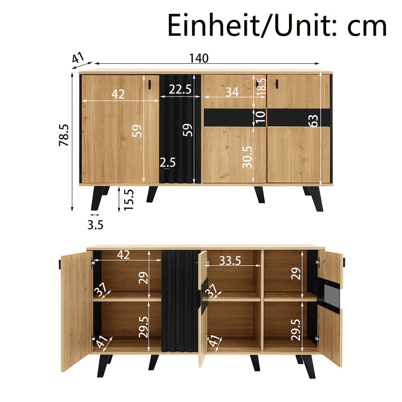 Buffet armoire en bois et noir verre teinté avec éclairage LED 140x78.5x41cm BHETTER