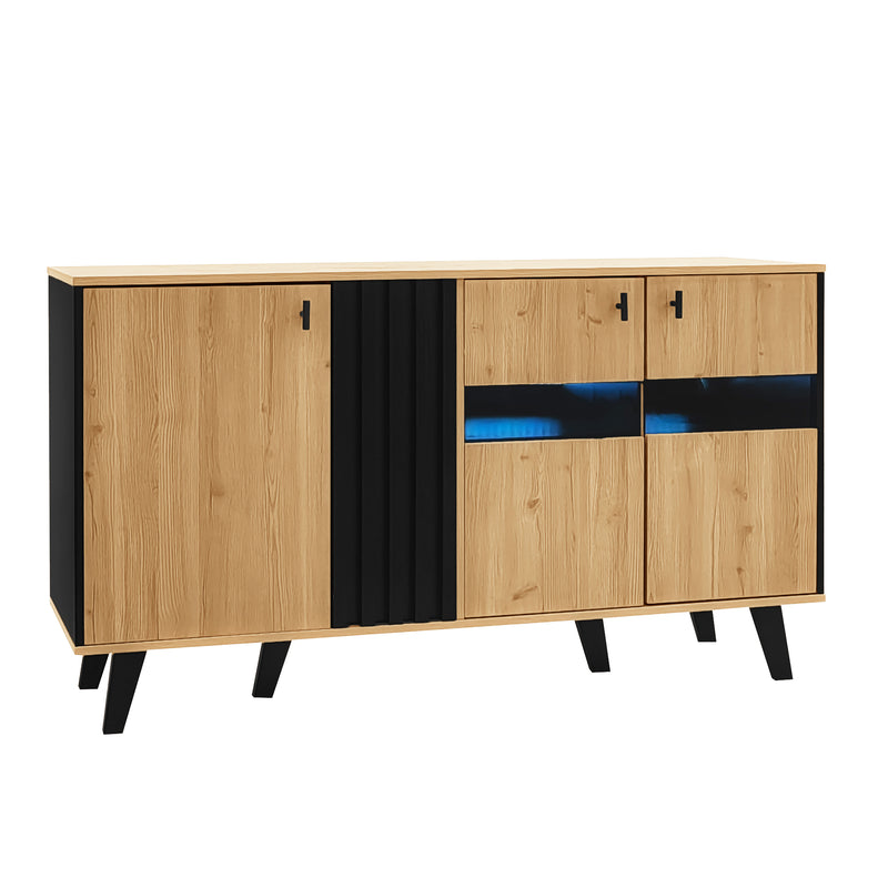 Buffet armoire en bois et noir verre teinté avec éclairage LED 140x78.5x41cm BHETTER