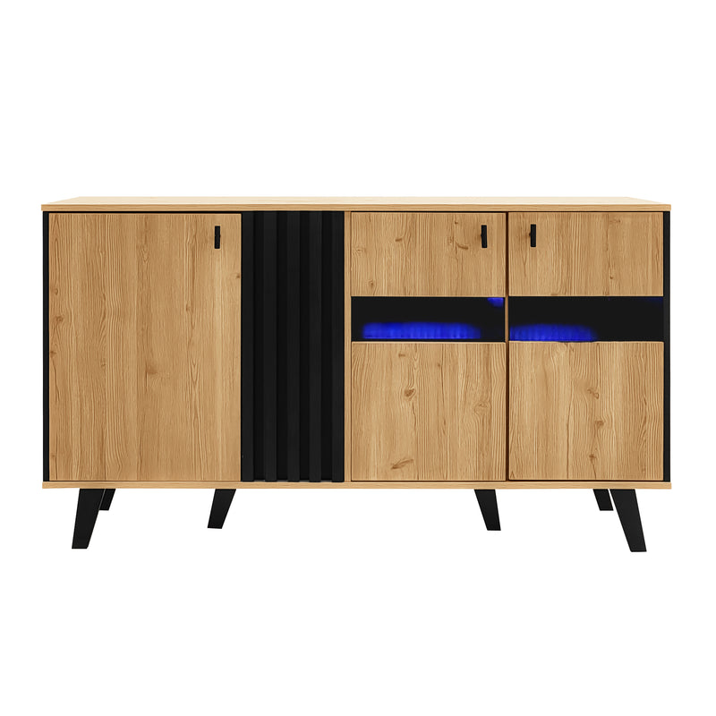 Buffet armoire en bois et noir verre teinté avec éclairage LED 140x78.5x41cm BHETTER