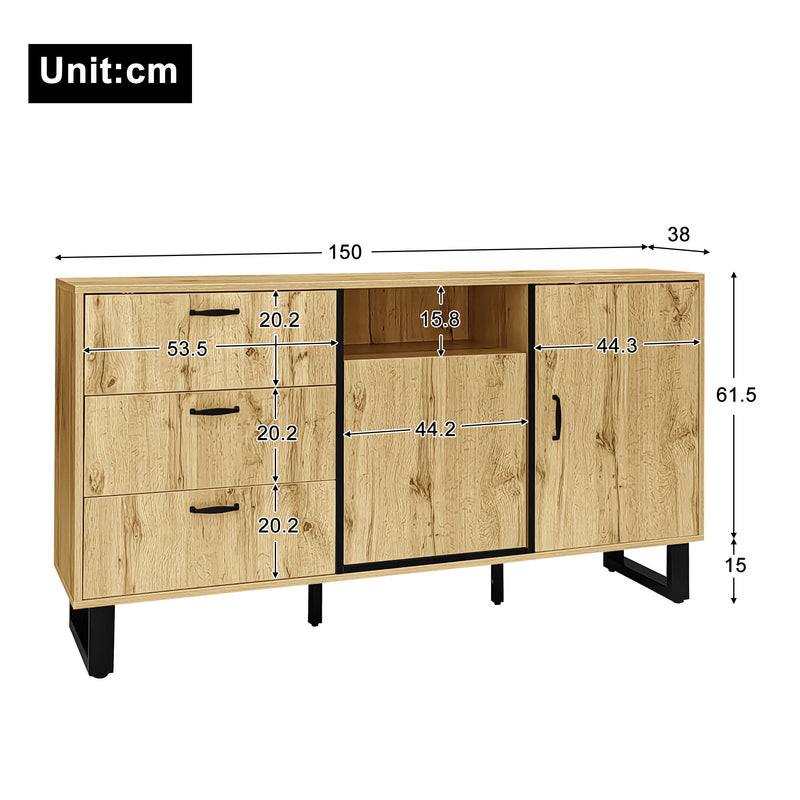 Buffet effet bois 2 portes 3 tiroirs 150*38*77cm BILVIR