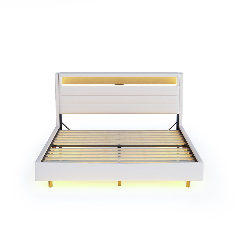 Lit double tissu beige avec rangement tête de lit, prises USB et éclairage LED intégré 140x200cm (matelas non inclus) BIOMASS